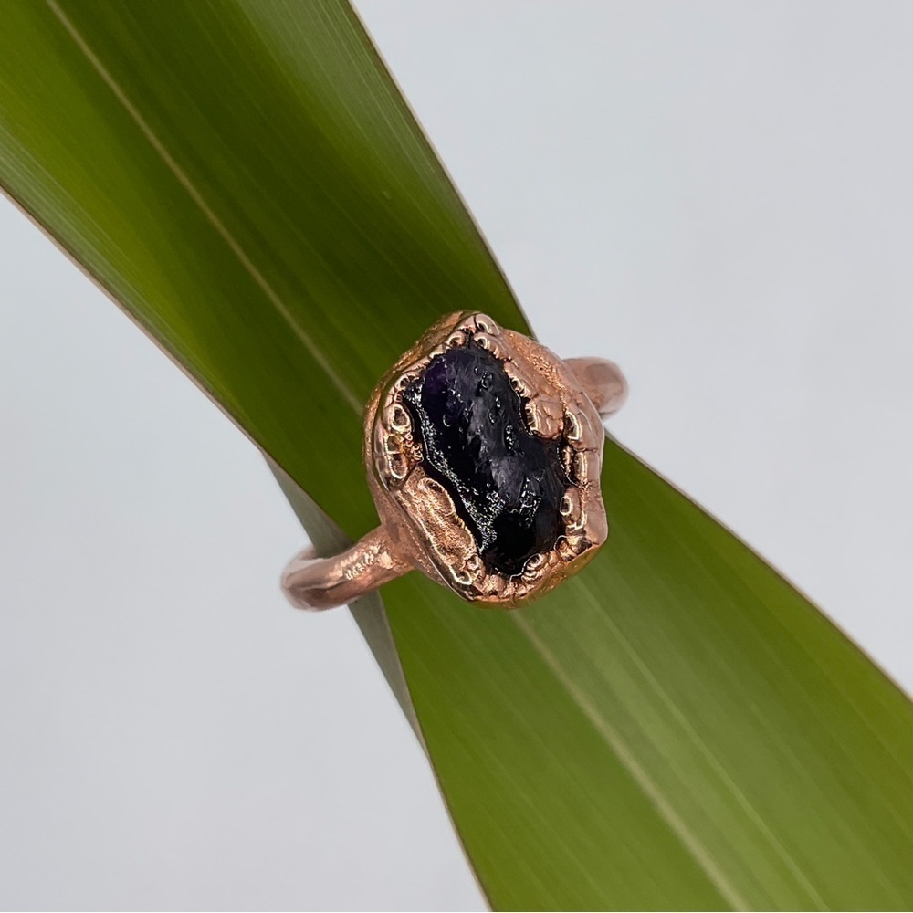 Copper Jewelry Ring Size 6 3/4 Rough Gem Amethyst Stone Handcrafted Forged Gift